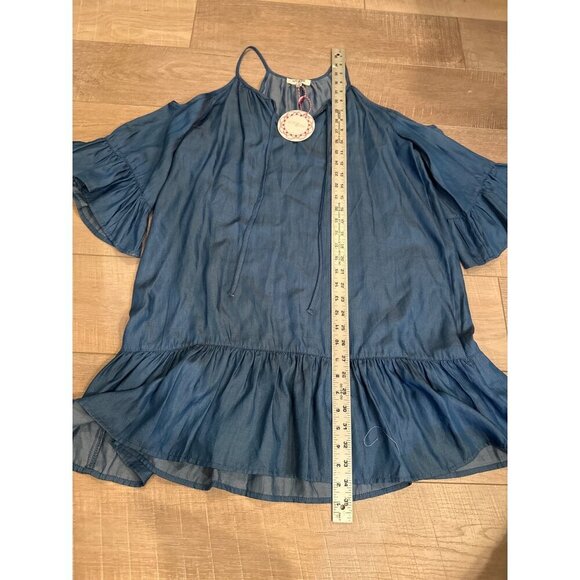 Umgee Blue Tencel Cold Shoulder Ruffle Hem Tunic Top Small new - Picture 2 of 7